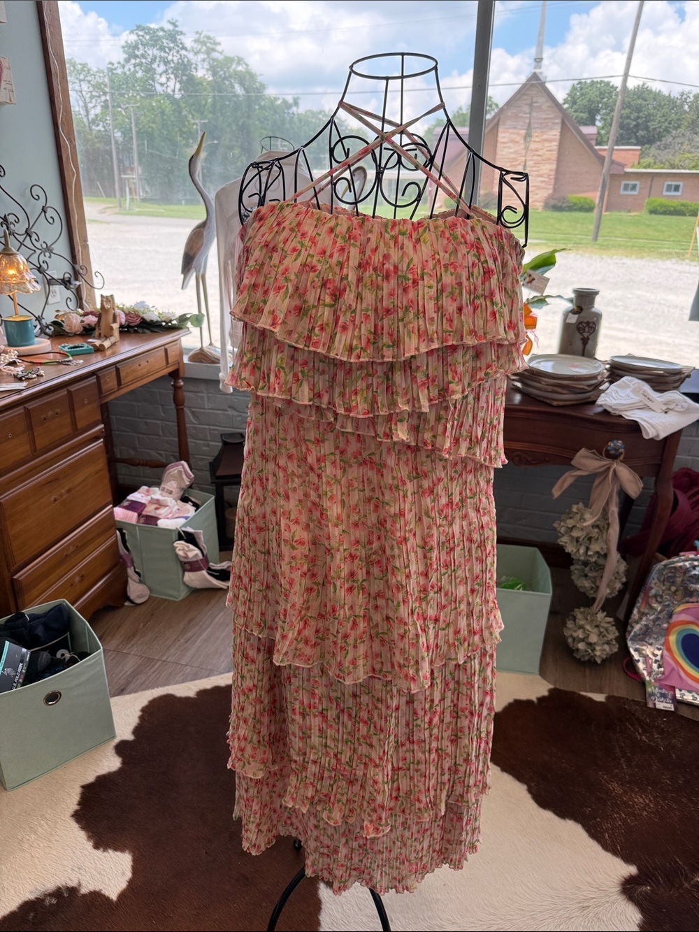 Something Navy Pink Floral Tiered Ruffle Midi Dress